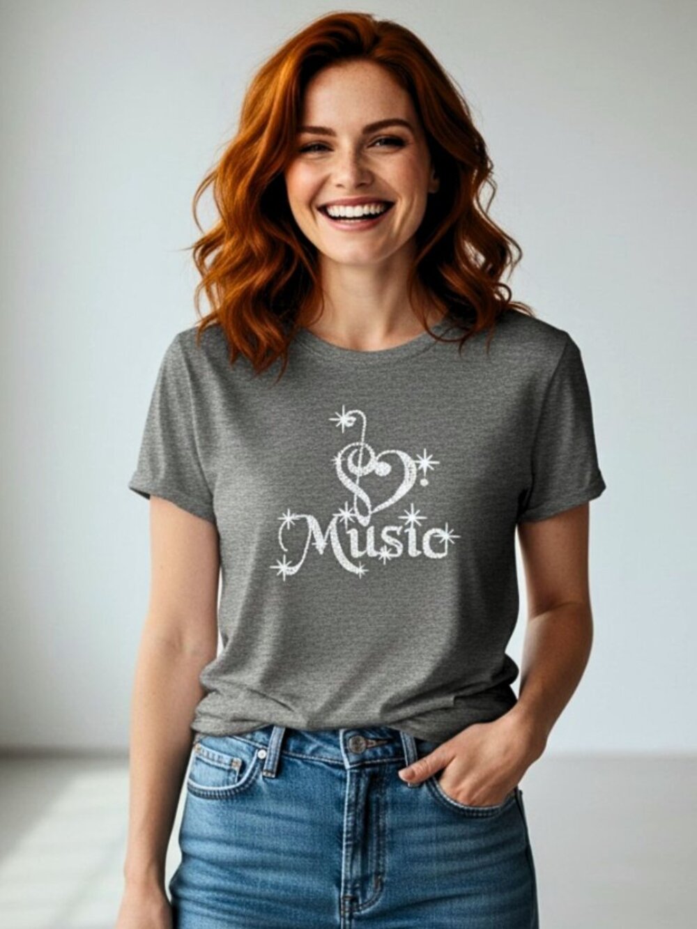 Music Lover Shirt Large Gray Treble Clef Heart Sparkle Graphic Tee